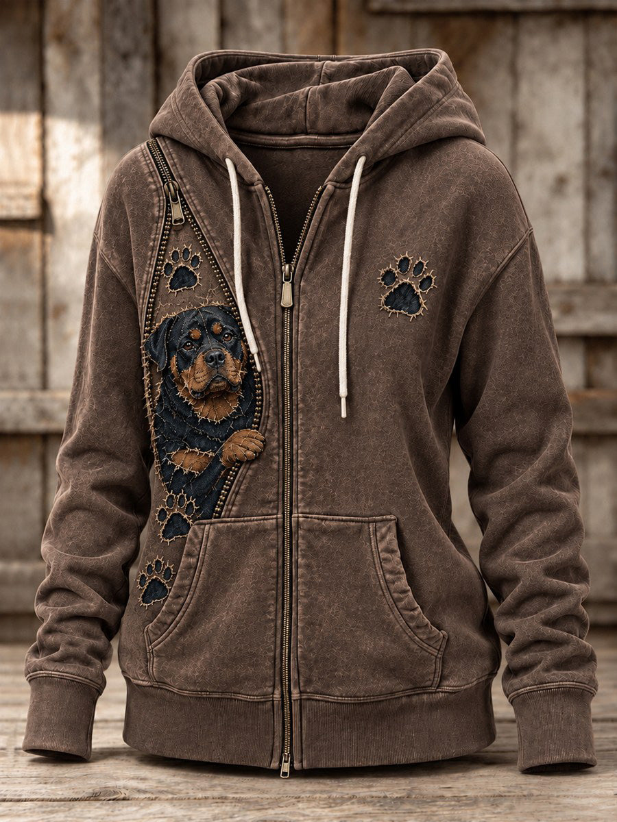 Women's Peeking Rottweiler Dog & Paw Prints Zipper Patchwork Print Full Zip Hoodie