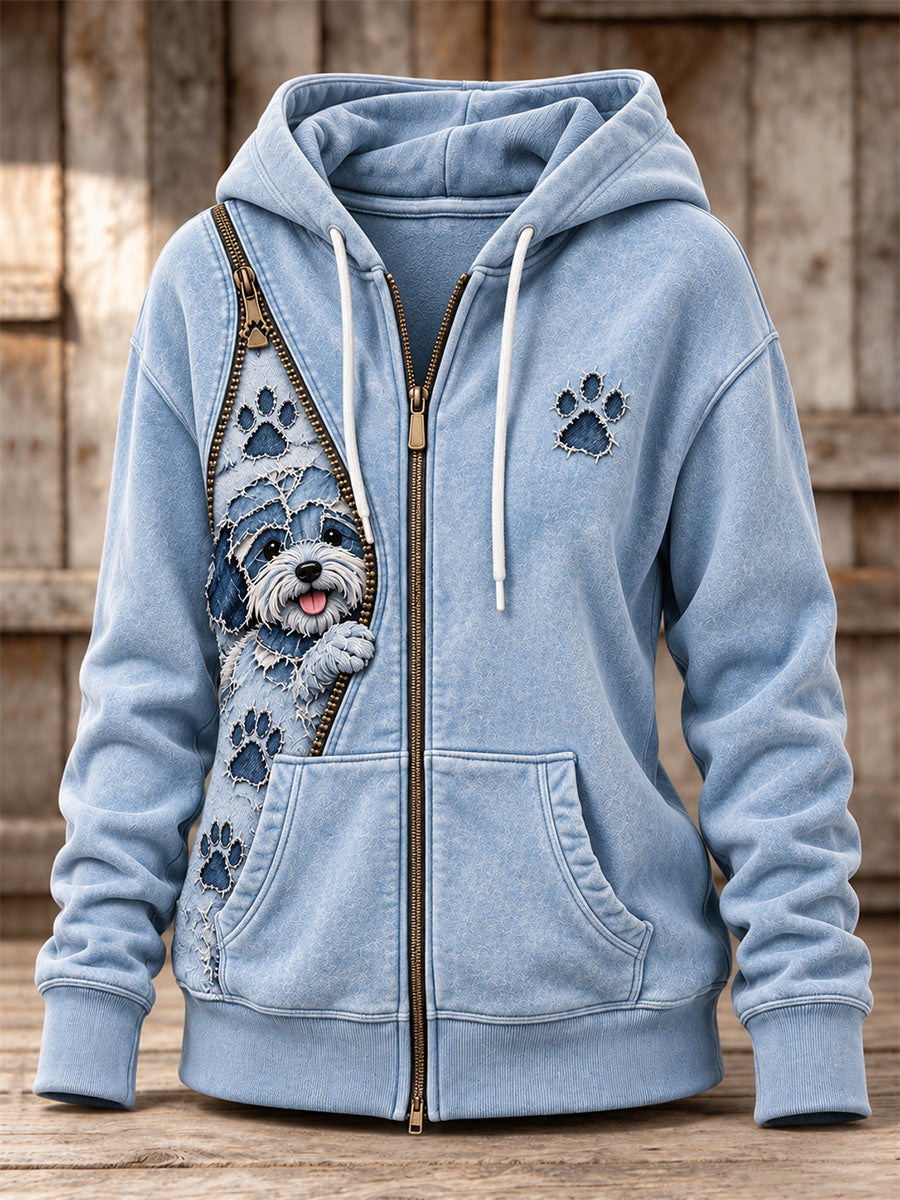 Women's Peeking Bichon Frise Dog & Paw Prints Zipper Patchwork Print Full Zip Hoodie