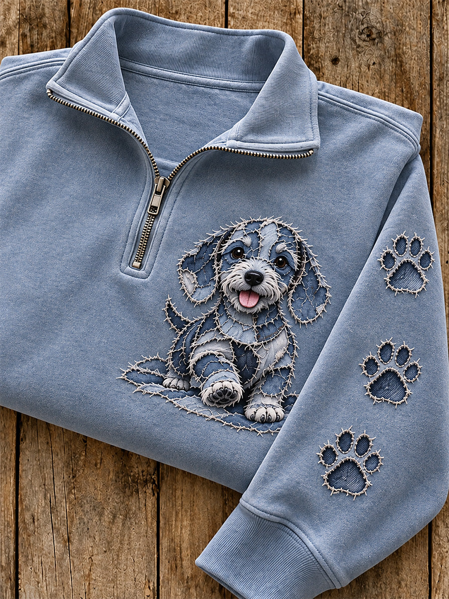 Women's Patchwork Dachshund Dog & Paw Print Zip Up Sweatshirt