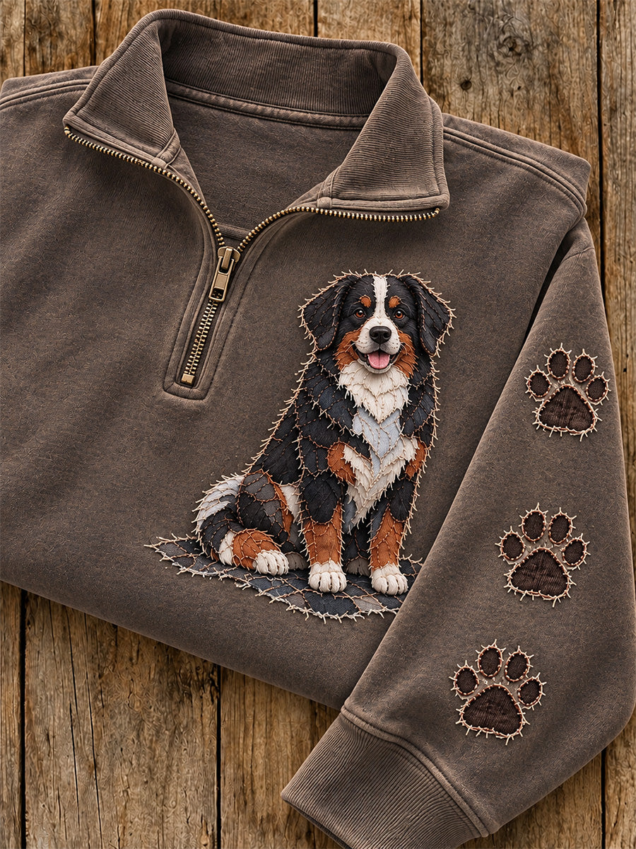 Women's Patchwork Bernese Mountain Dog & Paw Print Zip Up Sweatshirt