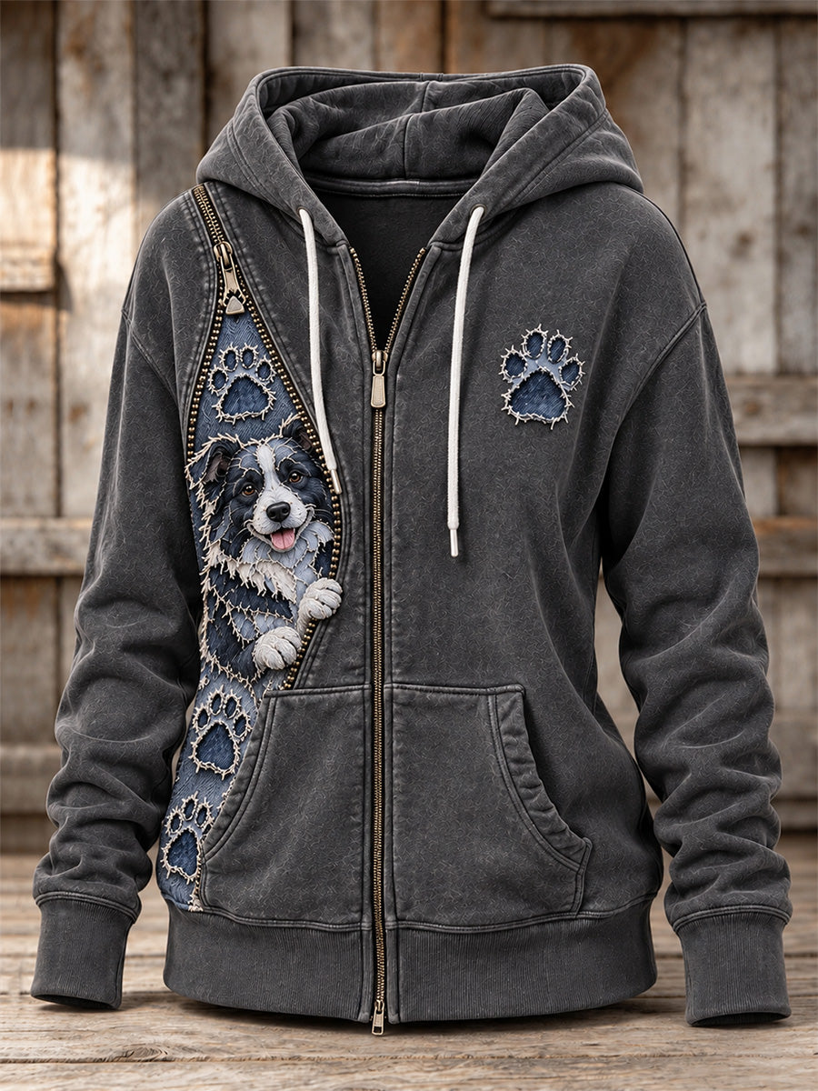 Women's Peeking Border Collie Dog & Paw Prints Zipper Patchwork Print Full Zip Hoodie