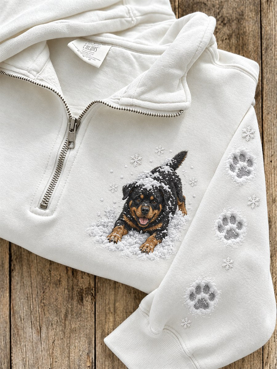 Women's Snowy Winter Rottweiler Dog in the Snow Print Zip Up Sweatshirt