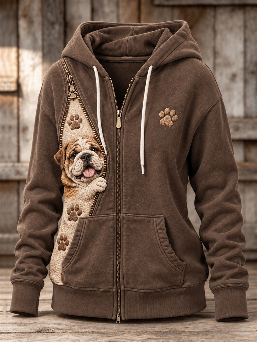 Women's Peeking Bulldog & Paw Prints Zipper Contrast Color Print Full Zip Hoodie
