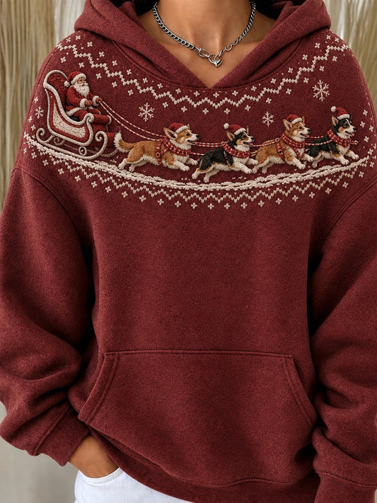 Women's Vintage Christmas Santa Claus & Corgi Dogs Yoke Isle Print Hoodie