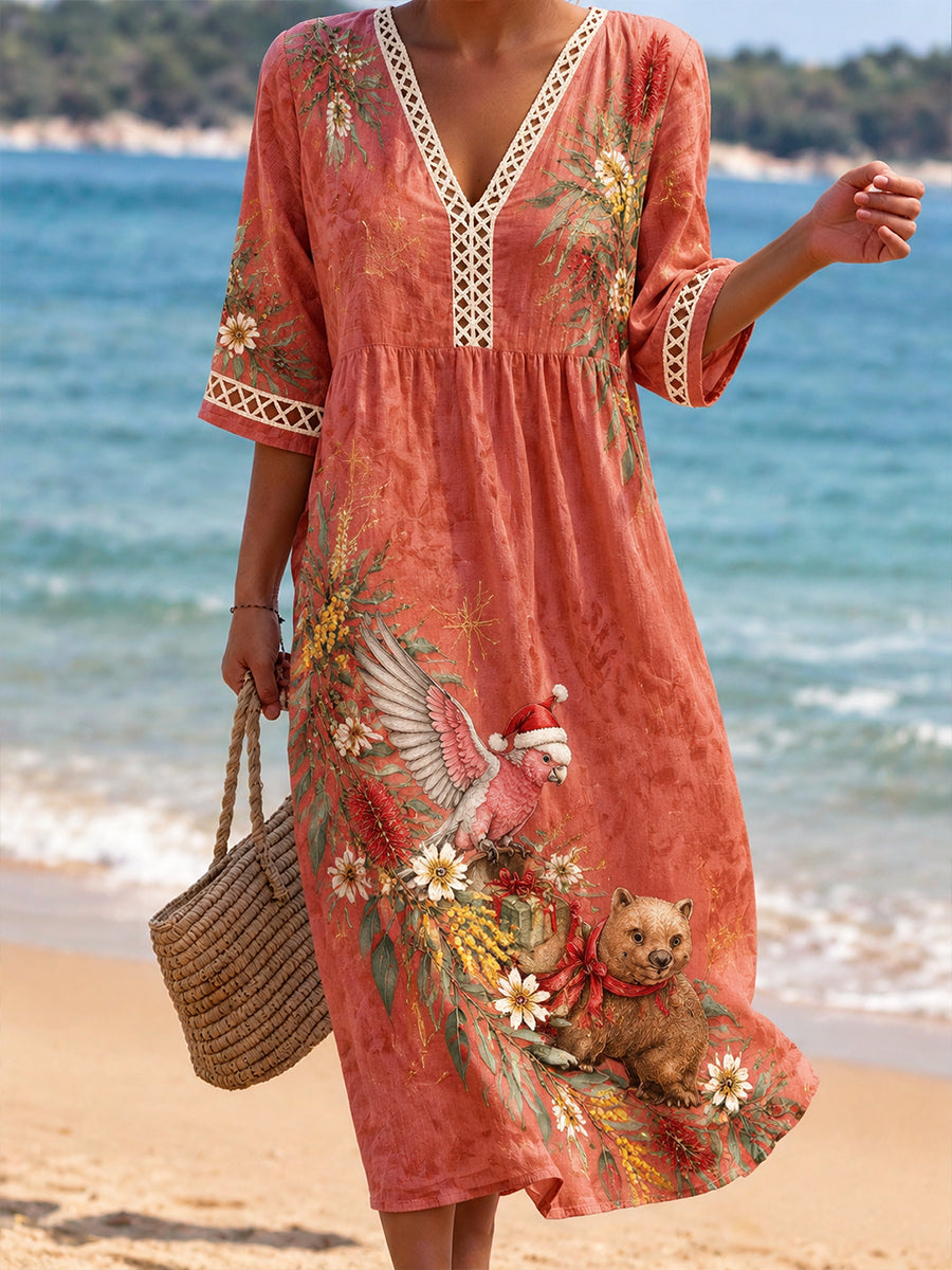 Women's Christmas In Australia  V-Neck Openwork Shirt Dress