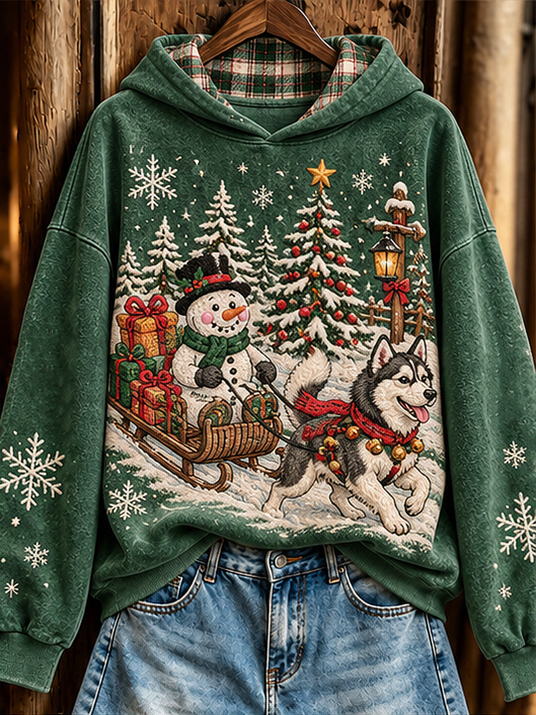 Women's Christmas Siberian Husky and snowmen pattern casual hoodie