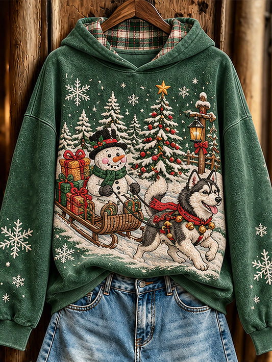 Women's Christmas Siberian Husky and snowmen pattern casual hoodie