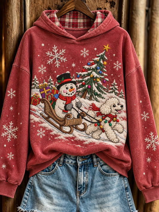 Women's Christmas Poodle and snowmen pattern casual hoodie