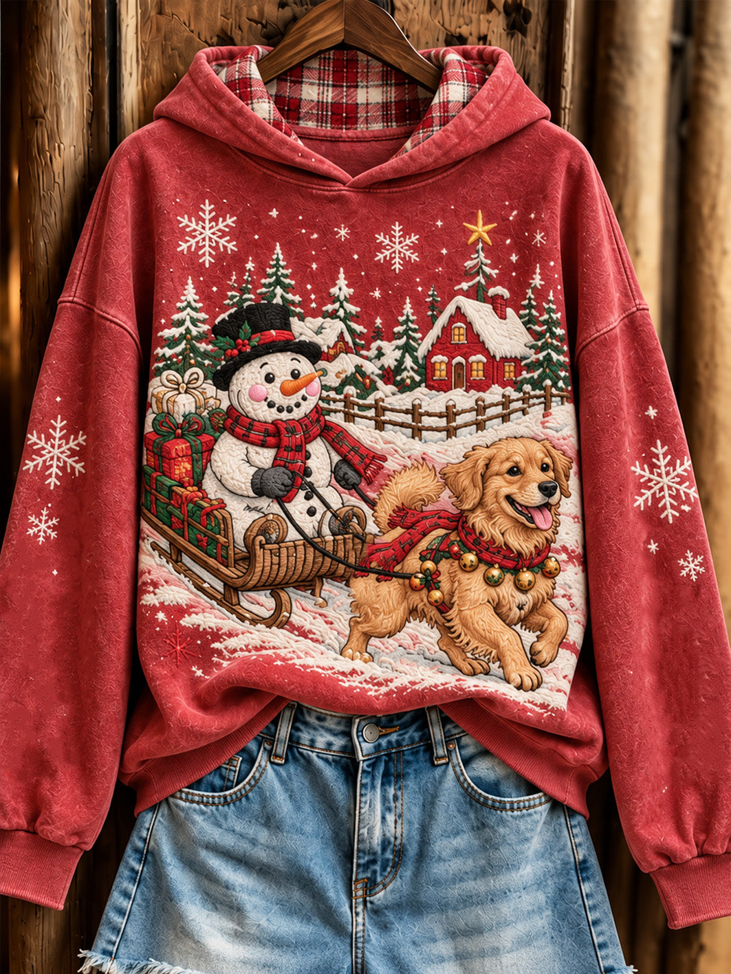 Women's Christmas Golden Retriever and snowmen pattern casual hoodie