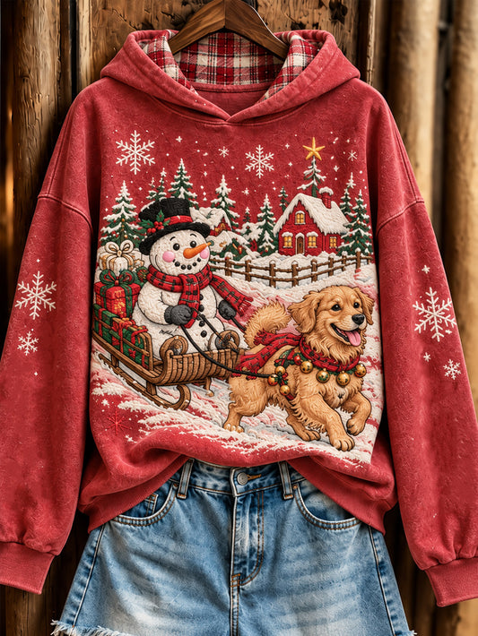 Women's Christmas Golden Retriever and snowmen pattern casual hoodie