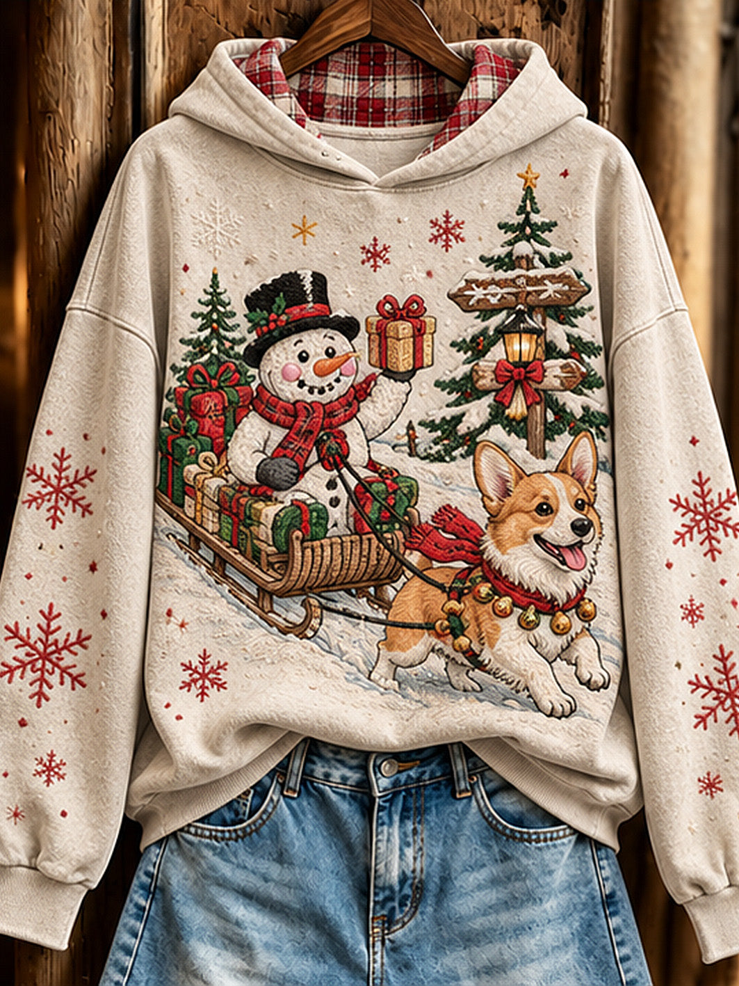 Women's Christmas Corgi and snowmen pattern casual hoodie