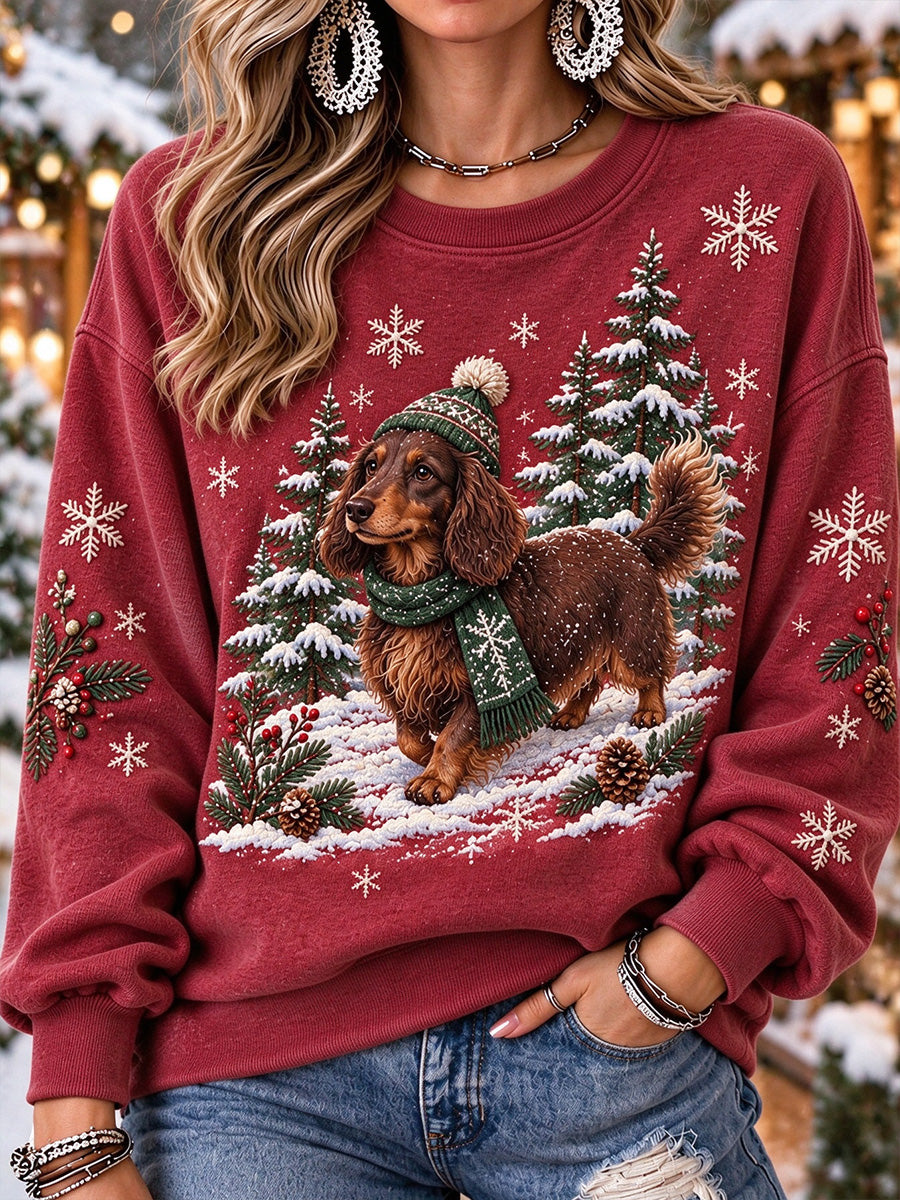 Women's Snowy Winter Dachshund Dog In the Snow Print Cozy Sweatshirt