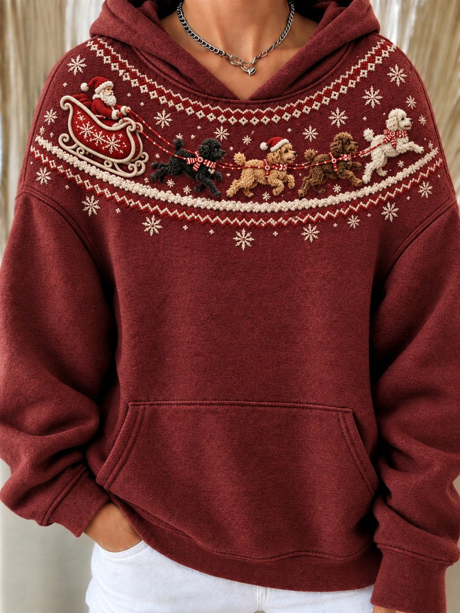 Women's Vintage Christmas Santa Claus & Poodle Dogs Yoke Isle Print Hoodie