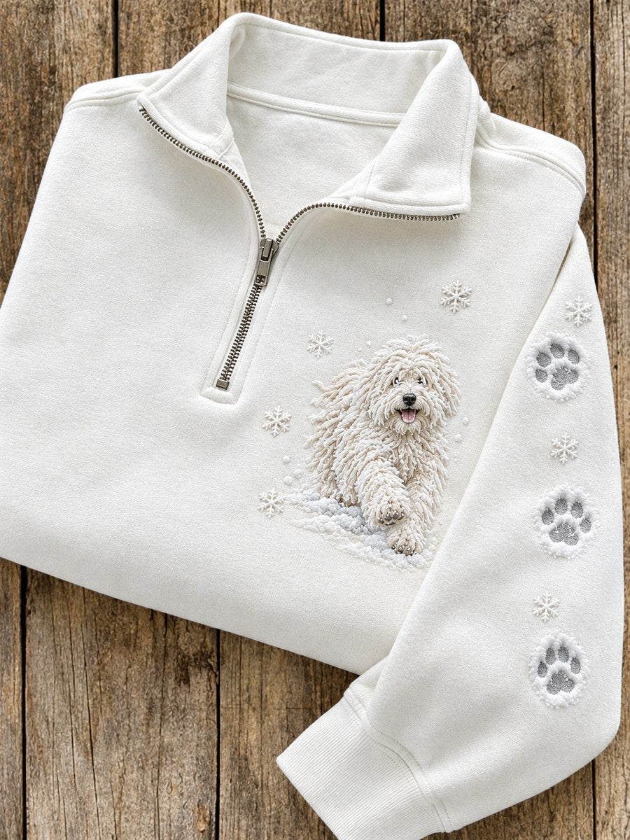 Women's Snowy Winter Komondor Dog in the Snow Print Zip Up Sweatshirt