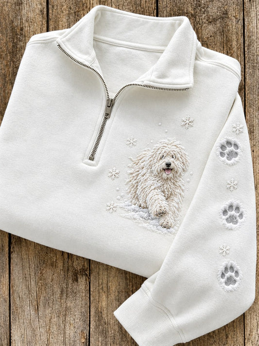 Women's Snowy Winter Komondor Dog in the Snow Print Zip Up Sweatshirt