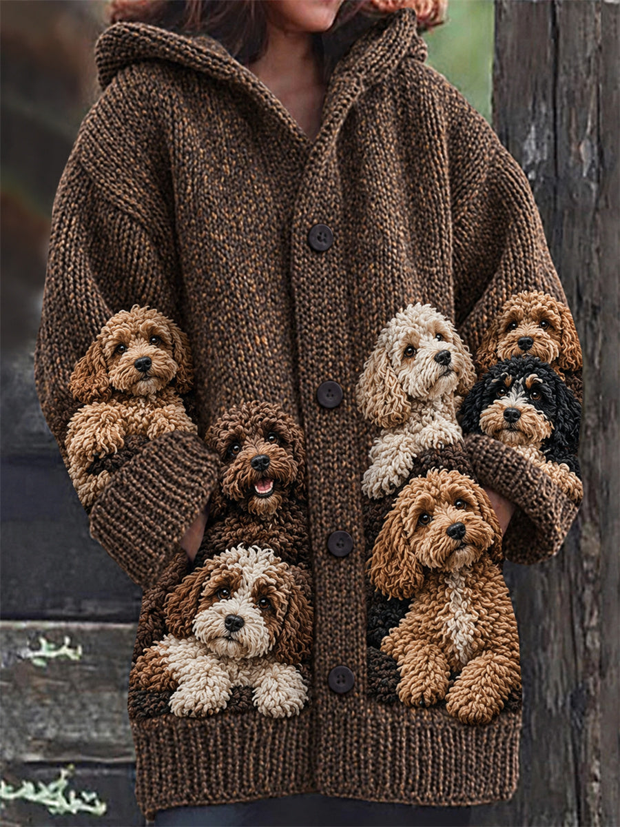 Women's Vintage Crowded Cockapoo Dogs Print Composite Fleece Long Coat