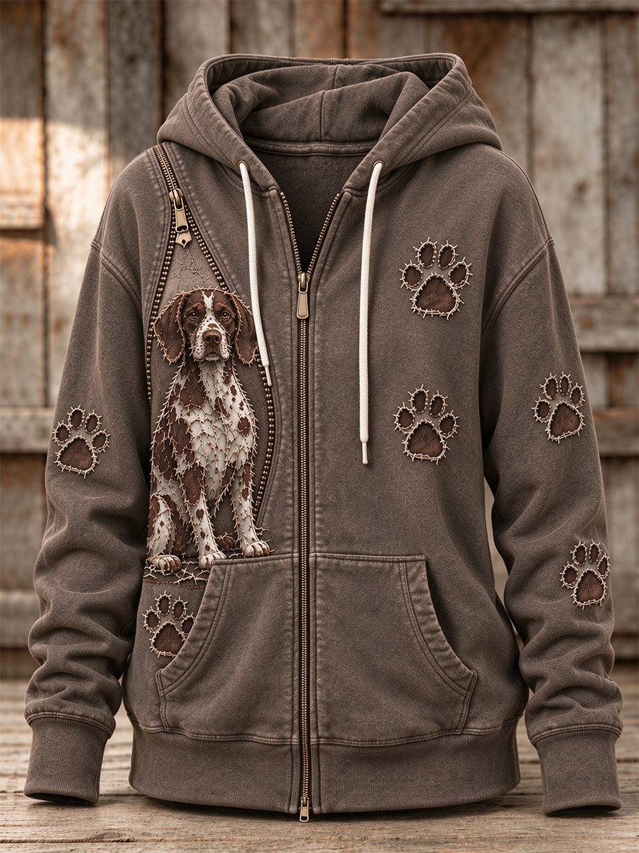 Women's Peeking German Shorthaired Pointer Dog & Paw Prints Zipper Patchwork Print Full Zip Hoodie