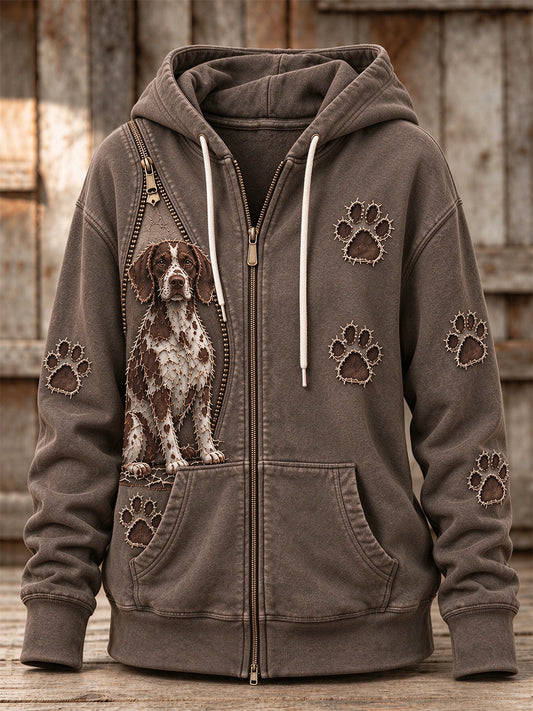 Women's Peeking German Shorthaired Pointer Dog & Paw Prints Zipper Patchwork Print Full Zip Hoodie
