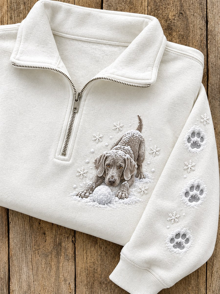 Women's Snowy Winter Weimaraner Dog in the Snow Print Zip Up Sweatshirt