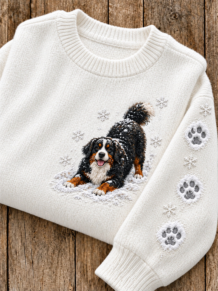 Women's Snowy Winter Bernese Mountain Dog In the Snow Print Sweater