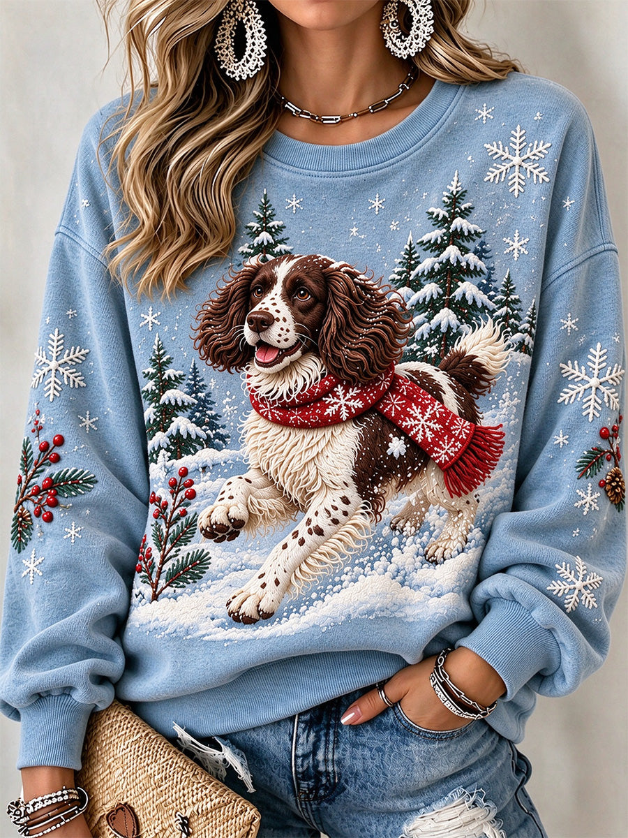 Women's Snowy Winter English Springer Spaniel Dog In the Snow Print Cozy Sweatshirt