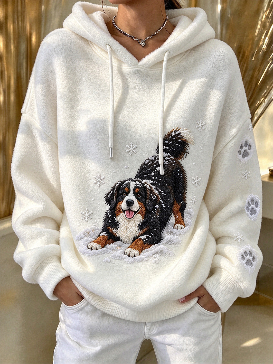 Women's Winter Bernese Mountain Dog Pattern Causal Flannel Hoodie