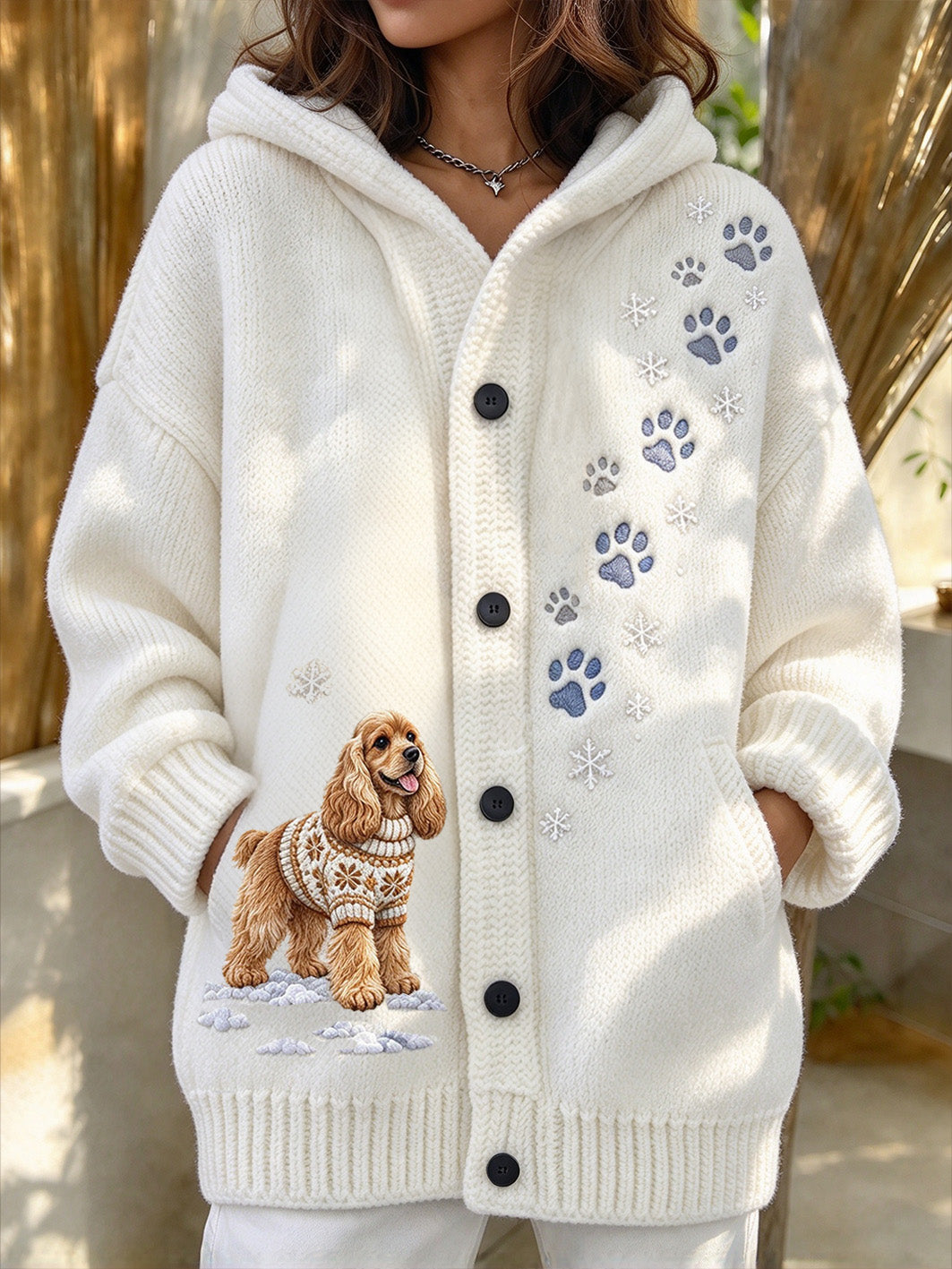 Women's Winter Cocker Spaniel Pattern Causal Composite Fleece Long Coat