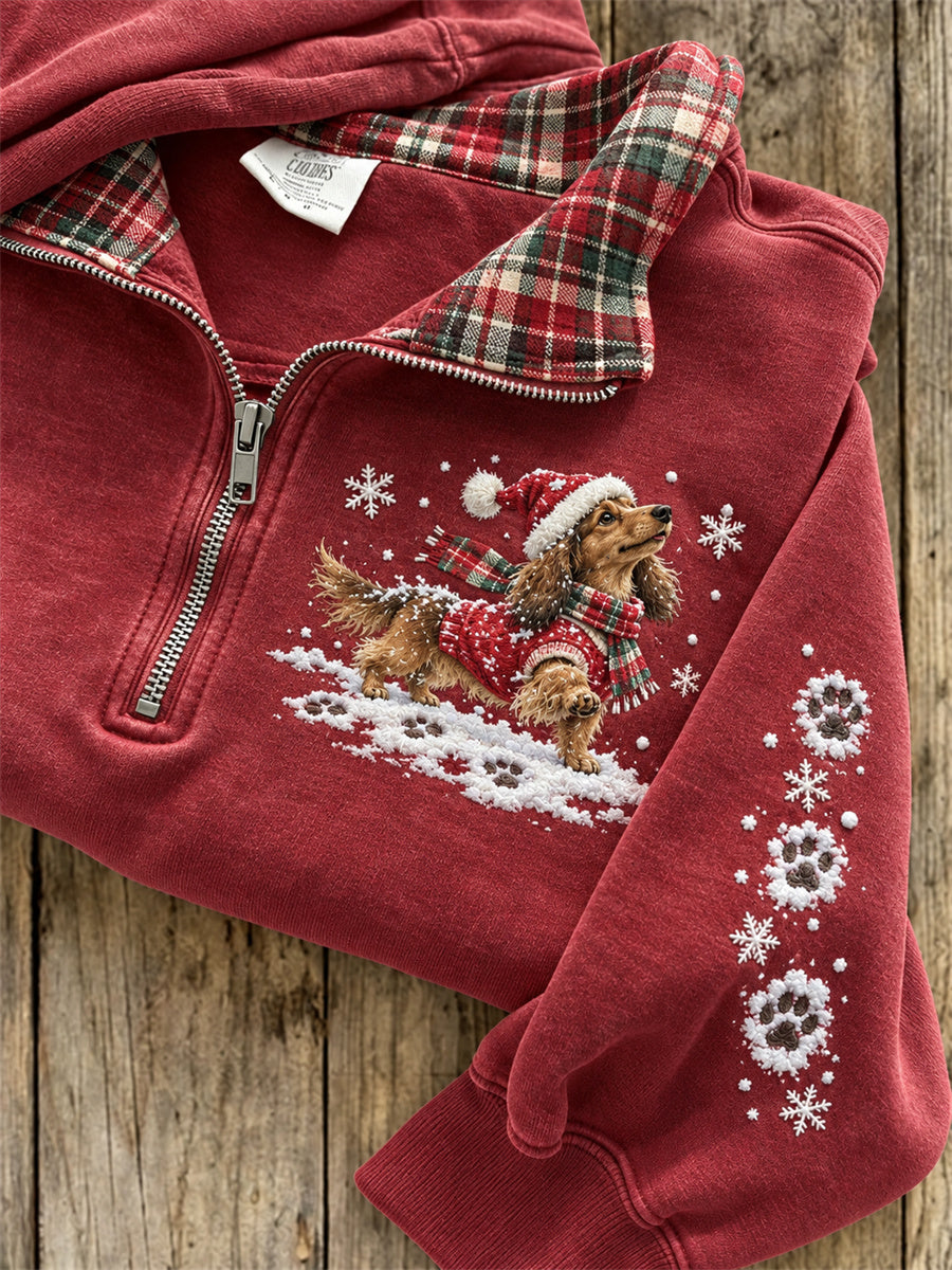 Women's Snowy Christmas Dachshund Dog & Paw Prints Plaid Print Sweatshirt
