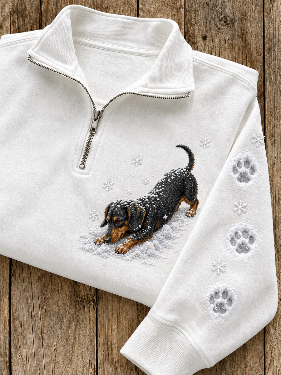 Women's Snowy Winter Dachshund Dog In the Snow Print Zip Up Sweatshirt