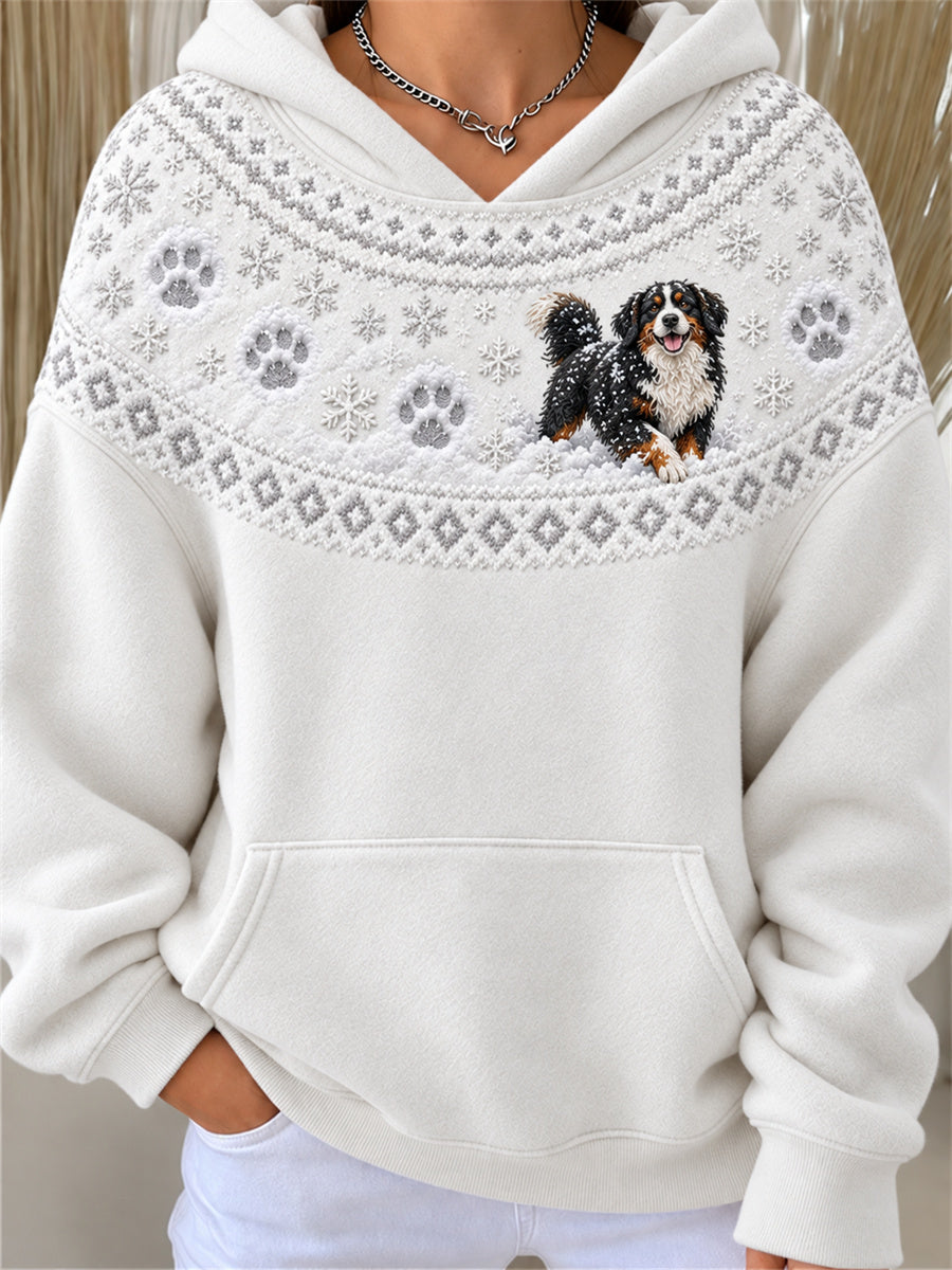 Women's Snowy Winter Bernese Mountain Dog in the Snow Yoke Isle Print Hoodie