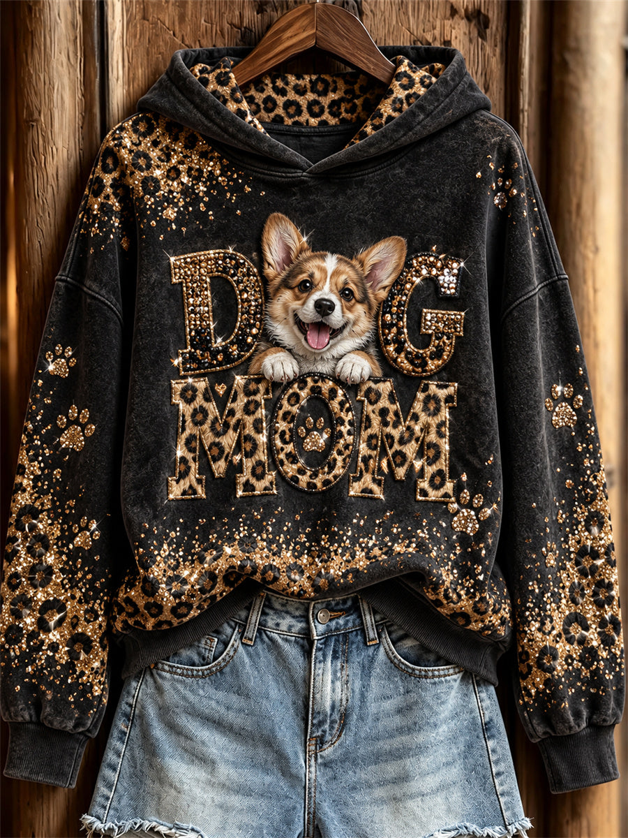 Women's Corgi Dog Mom Glitter Leopard Print Hoodie