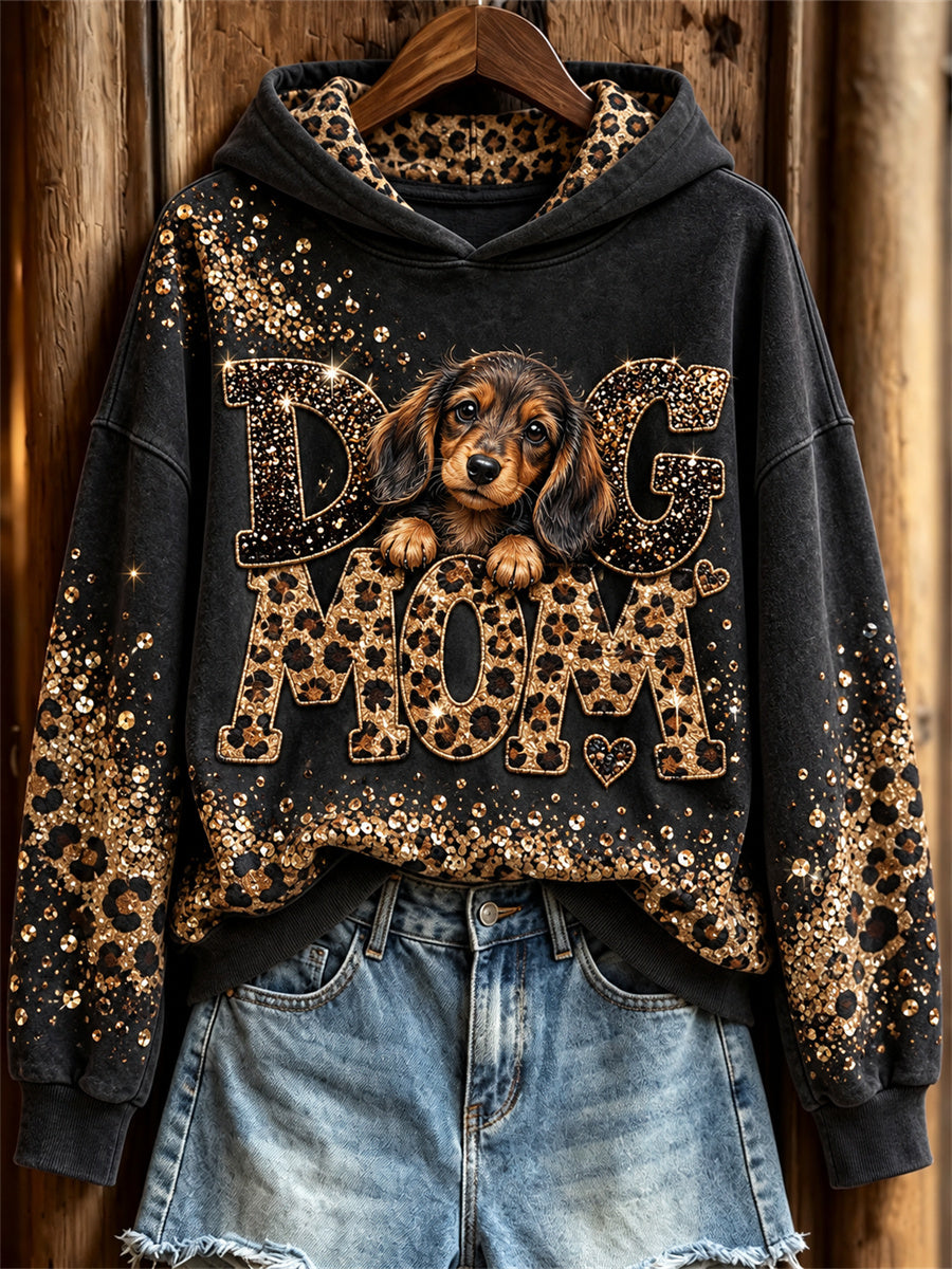Women's Dachshund Dog Mom Glitter Leopard Print Hoodie