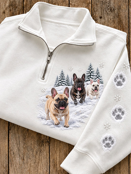 Women's Winter French Bulldogs Pattern Casual Half-Zip Sweatshirt