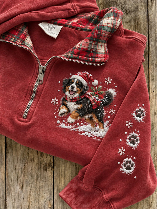 Women's Snowy Christmas Bernese Mountain Dog & Paw Prints Plaid Print Sweatshirt