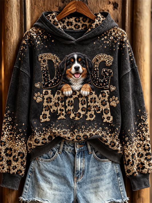 Women's Bernese Mountain Dog Mom Glitter Leopard Print Hoodie