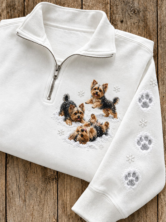 Women's Winter Yorkshire Terriers Pattern Casual Half-Zip Sweatshirt