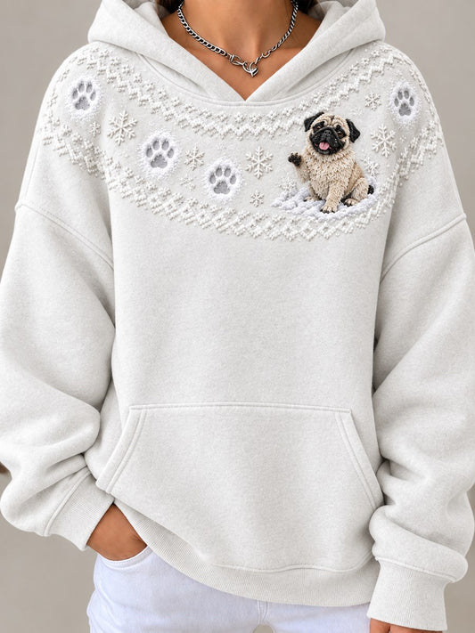 Women's Snowy Winter Pug Dog in the Snow Yoke Isle Print Hoodie