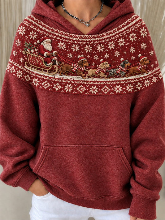 Women's Vintage Christmas Santa Claus & Dachshund Dogs Yoke Isle Print Hoodie