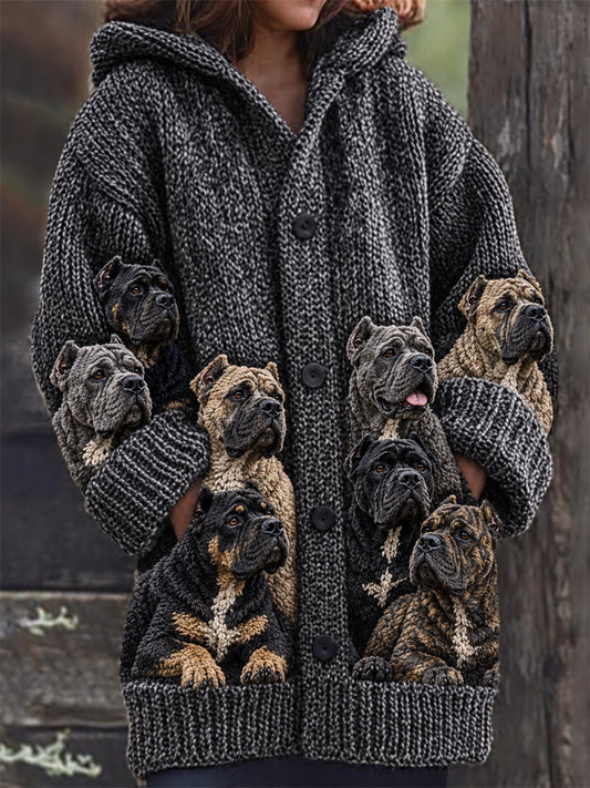 Women's Vintage Crowded Cane Corso Dogs Print Composite Fleece Long Coat