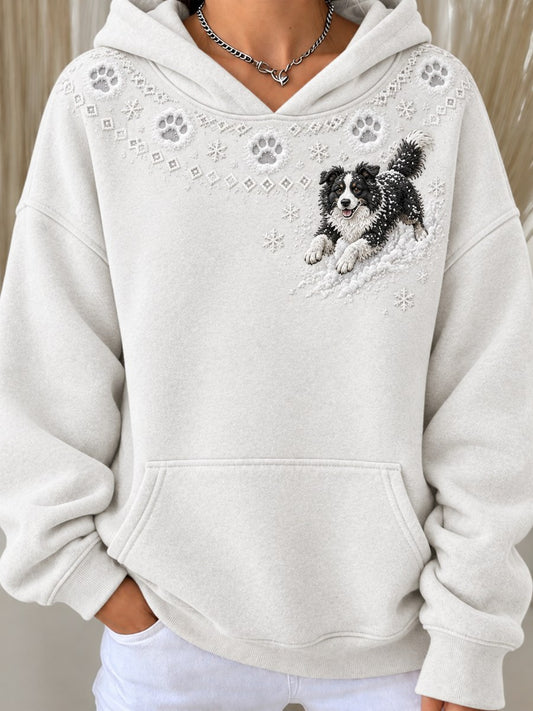 Women's Snowy Winter Border Collie Dog in the Snow Yoke Isle Print Hoodie