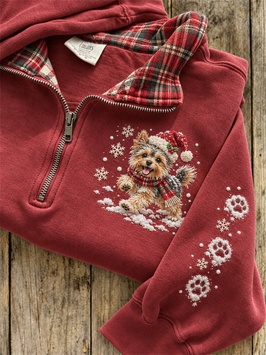 Women's Snowy Christmas Yorkie Dog & Paw Prints Plaid Print Sweatshirt
