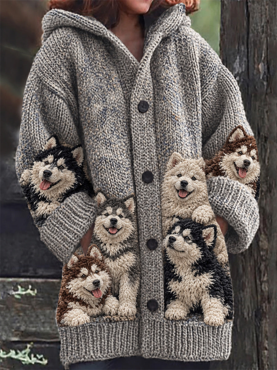 Women's Vintage Crowded Malamute Dogs Print Composite Fleece Long Coat