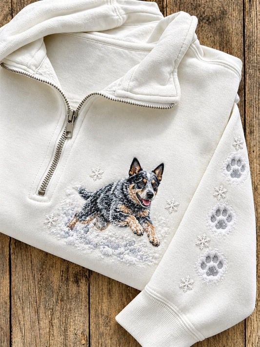 Women's Snowy Winter Cattle Dog in the Snow Print Zip Up Sweatshirt
