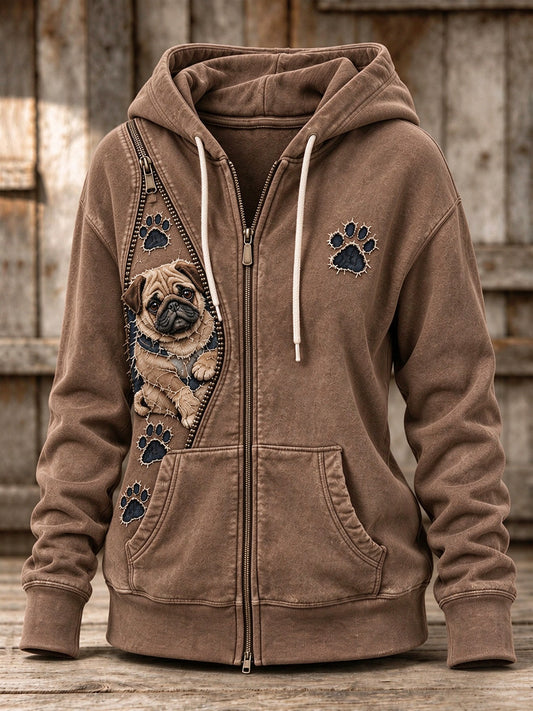 Women's Peeking Pug Dog & Paw Prints Zipper Patchwork Print Full Zip Hoodie