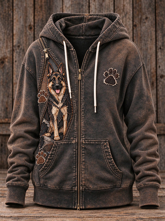 Women's Peeking German Shepherd Dog & Paw Prints Zipper Patchwork Print Full Zip Hoodie