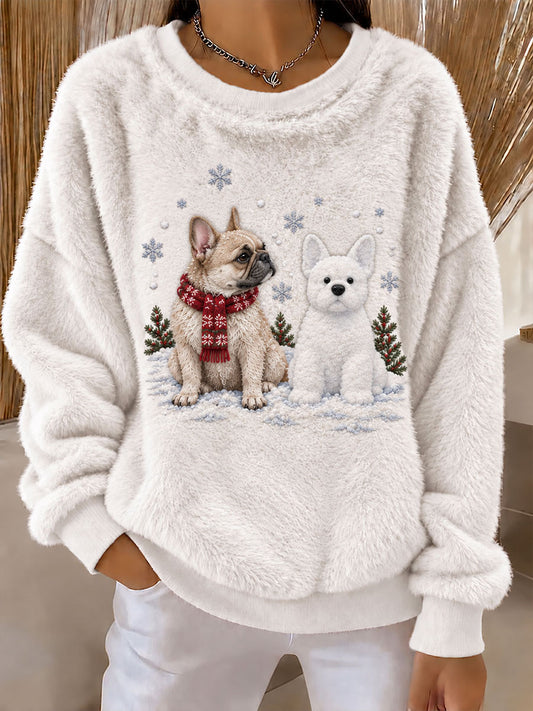 Women's French Bulldog and Snowman Fun Print Flannel Hoodie