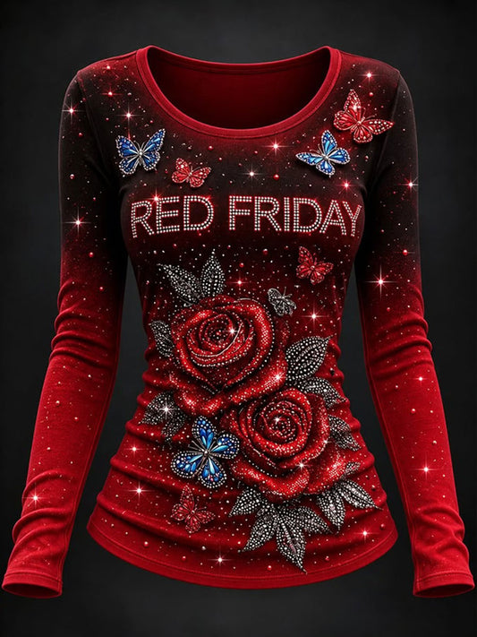 Women's Red Friday Printed Casual T-Shirt