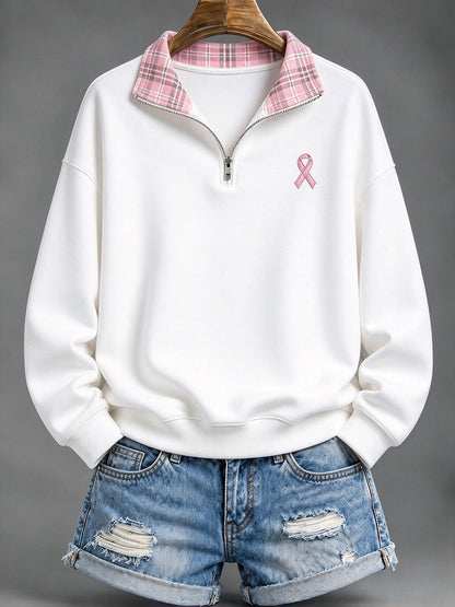 Women's Pink Checkered and Pink Charity Ribbon Pattern Casual Half-Zip Sweatshirt