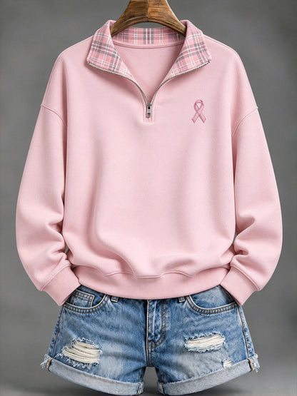 Women's Pink Checkered and Pink Charity Ribbon Pattern Casual Half-Zip Sweatshirt