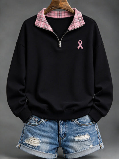 Women's Pink Checkered and Pink Charity Ribbon Pattern Casual Half-Zip Sweatshirt